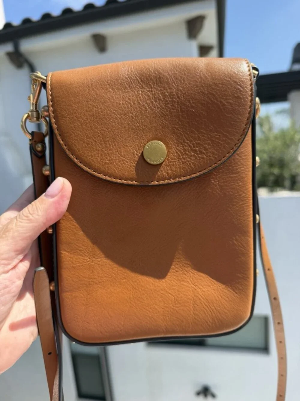 Rebecca Minkoff brown leather crossbody phone gold studded bag travel